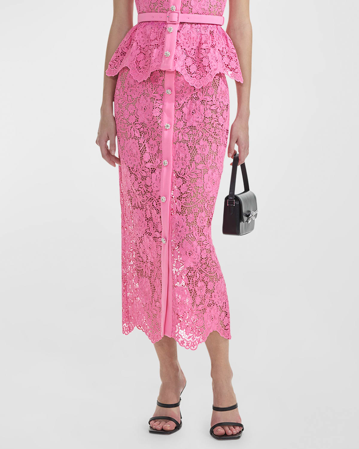 Self-Portrait Floral Lace Fitted Midi Skirt with Belt
