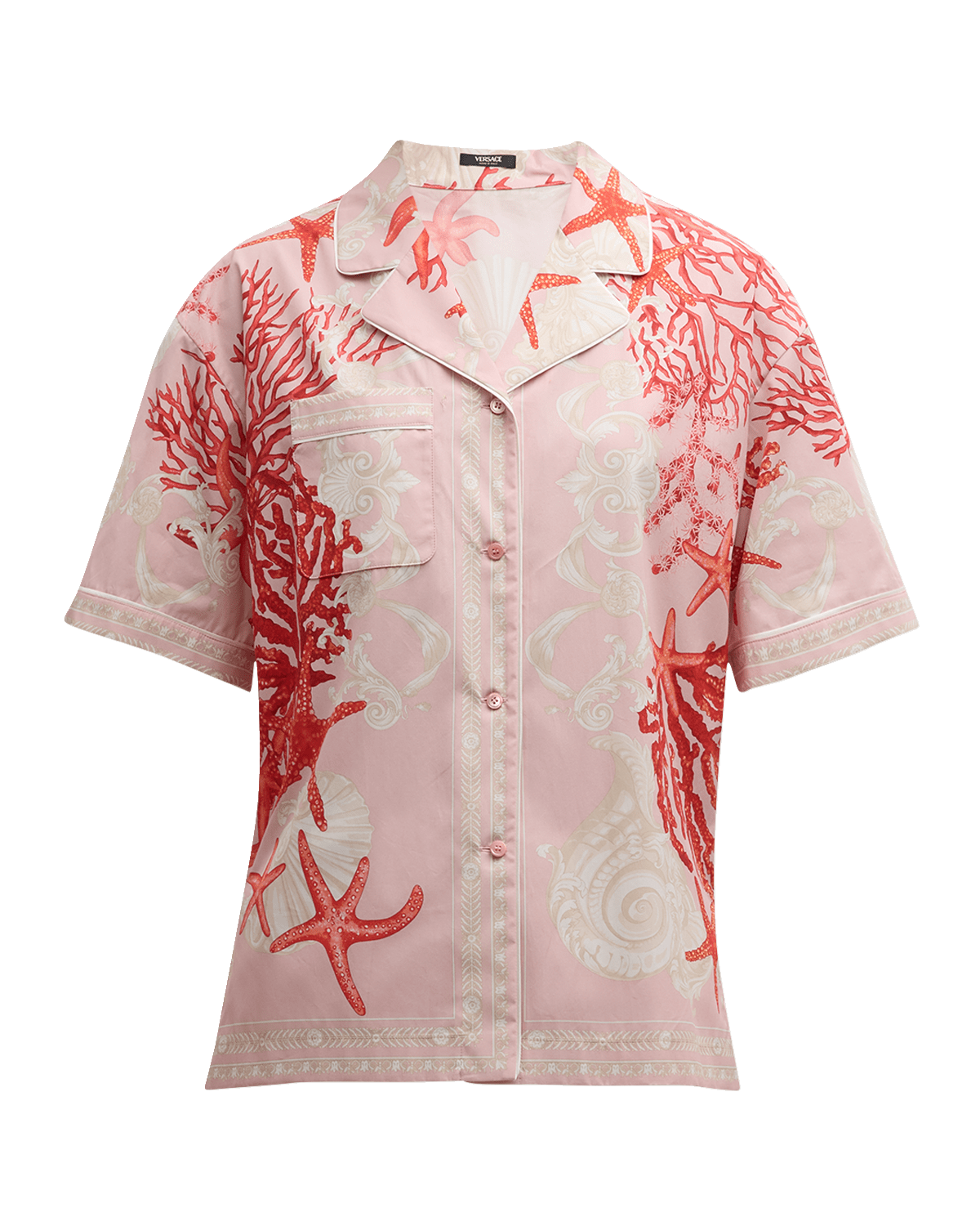 Versace Holiday Scarf-Print Short-Sleeve Cotton Poplin Pajama Shirt