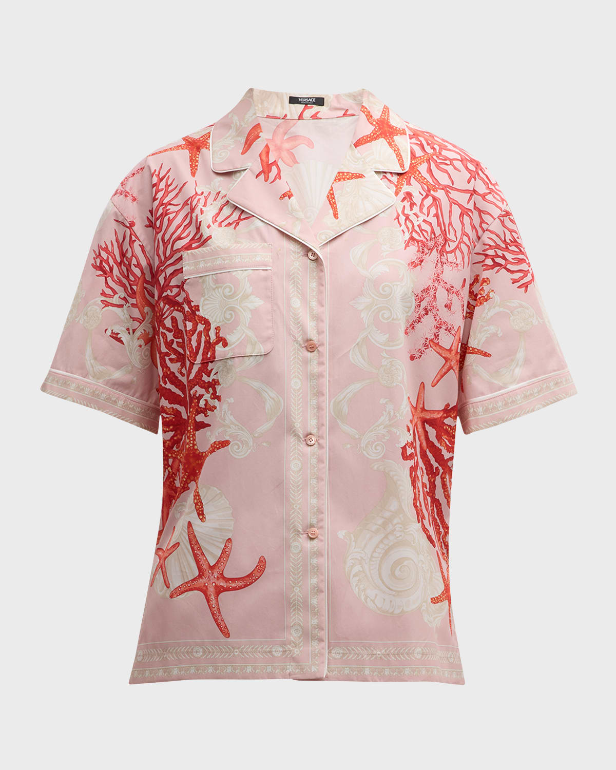 Versace Holiday Scarf-Print Short-Sleeve Cotton Poplin Pajama Shirt