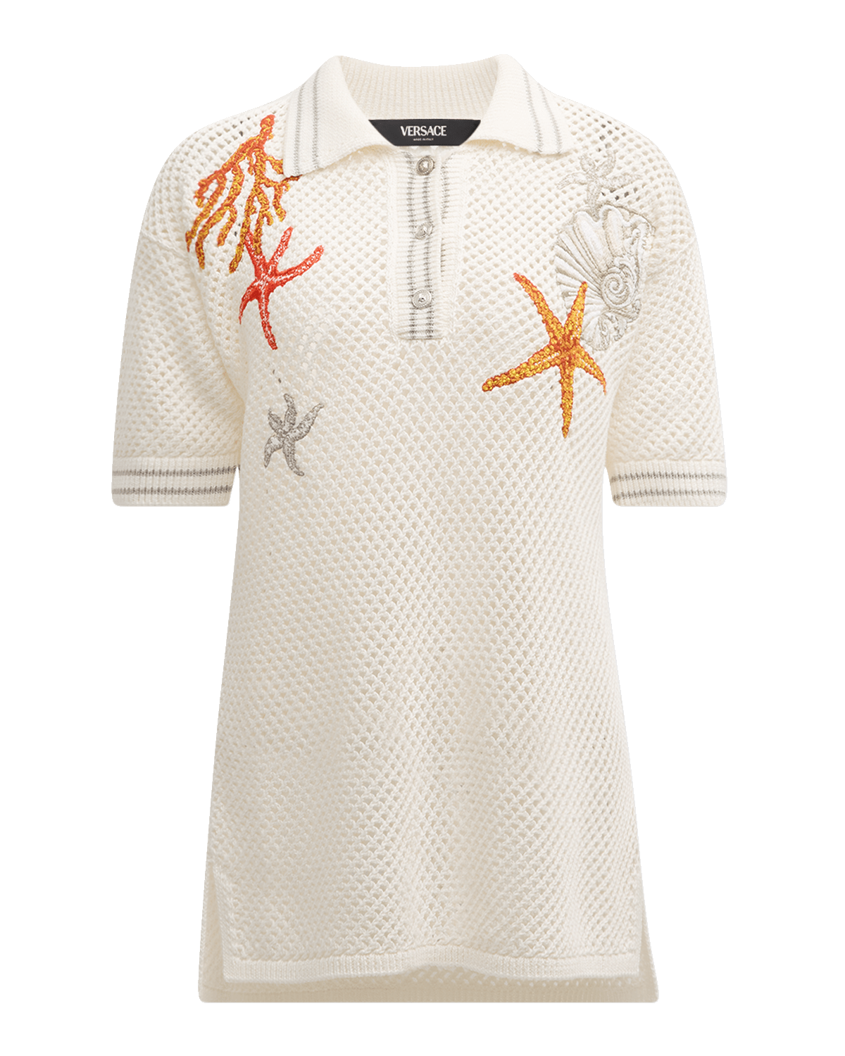 Versace Coral Embroidered Short-Sleeve Crochet-Knit Polo Sweater