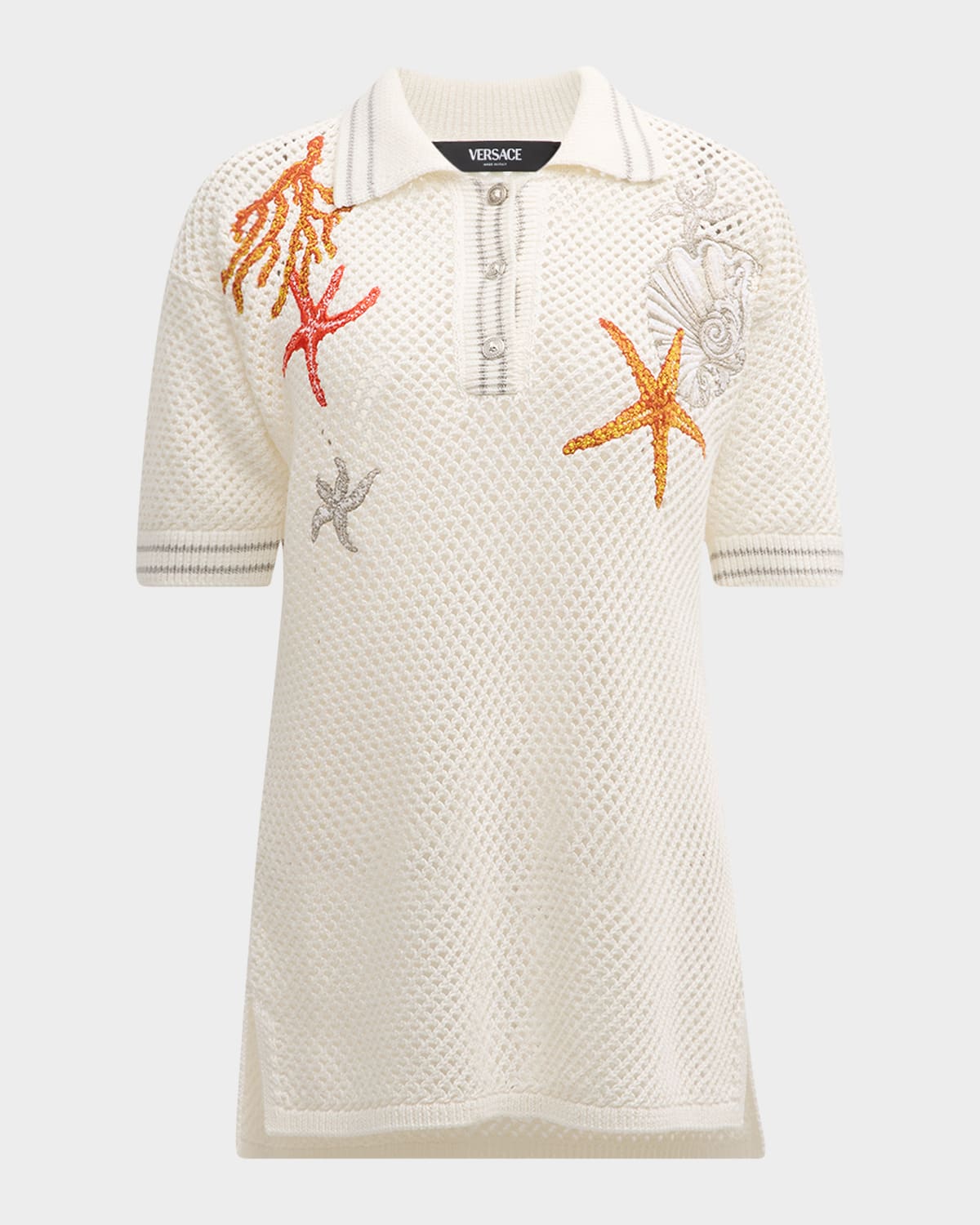 Versace Coral Embroidered Short-Sleeve Crochet-Knit Polo Sweater