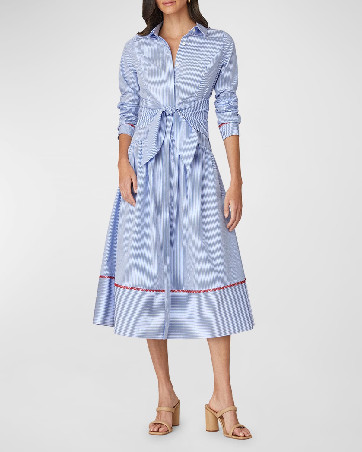 Shoshanna Clarice Striped Lace-Trim Midi Shirtdress
