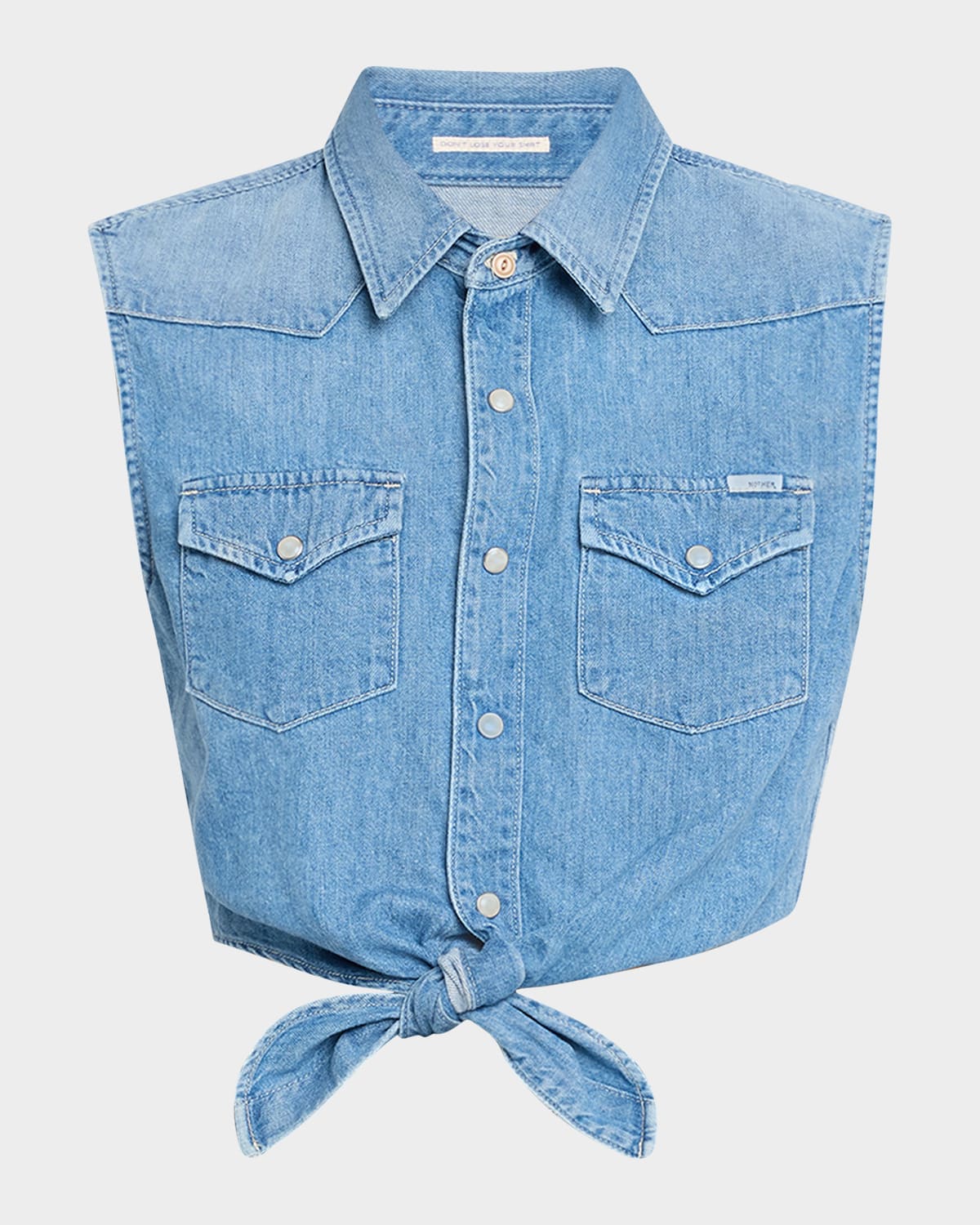 MOTHER The Sleeveless Knotted Exes Denim Top