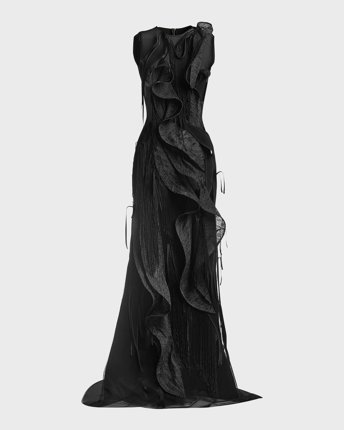 Maticevski Hedone Sheer Fringe Ruffle Gown