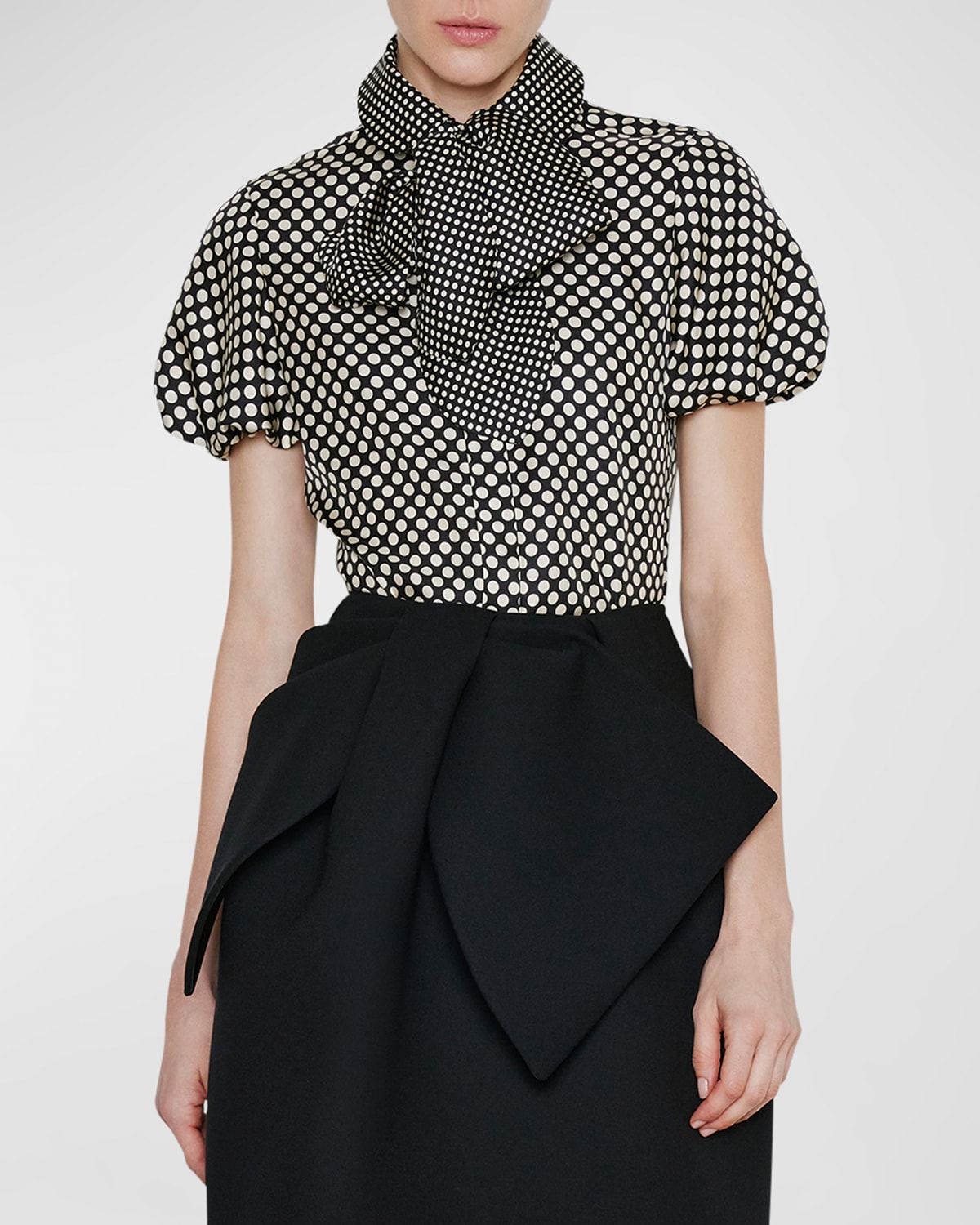 Dice Kayek Polka-Dot Puff-Sleeve Scarf Silk Shirt