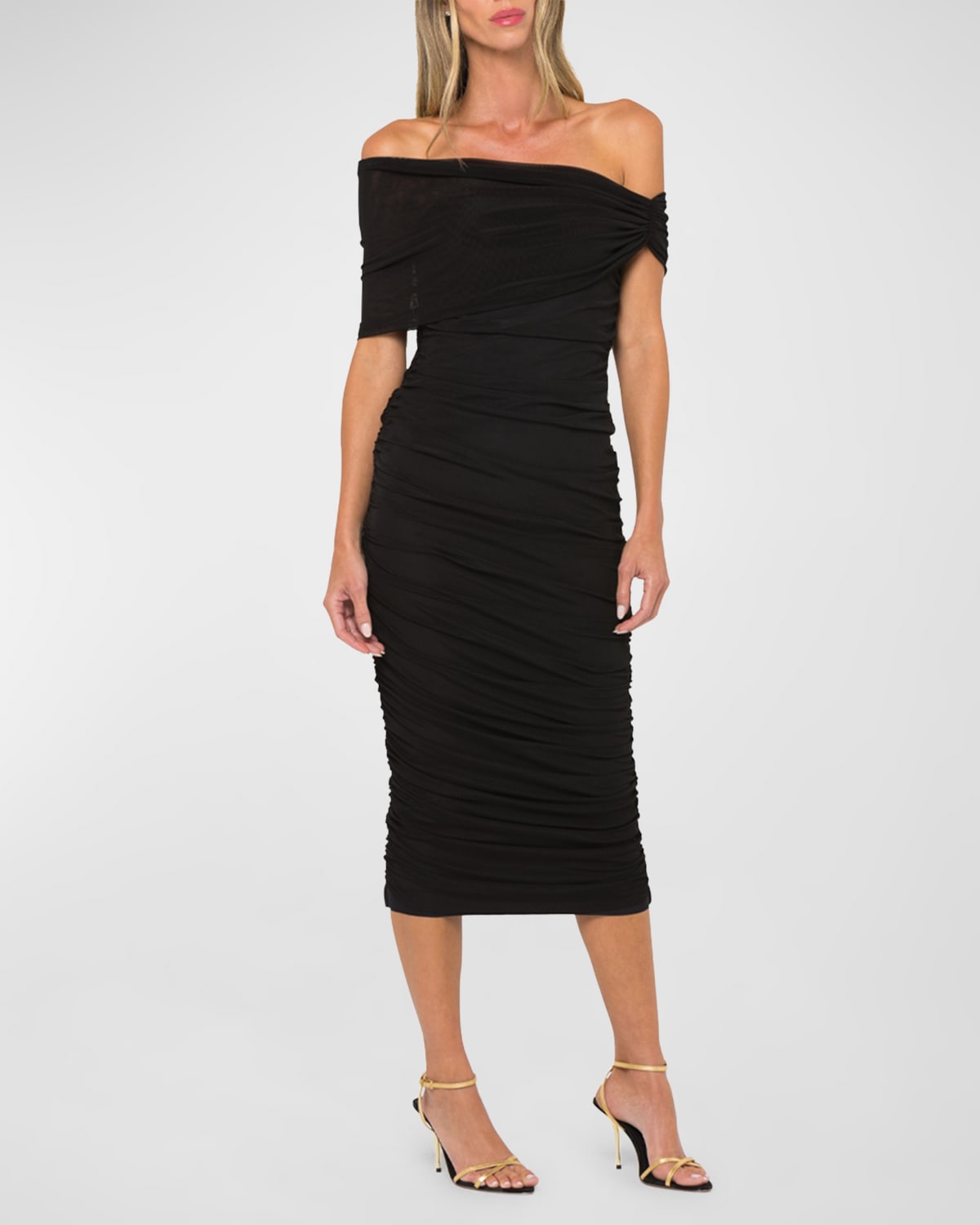 JBQ Nora Gathered Off-Shoulder Midi Dress