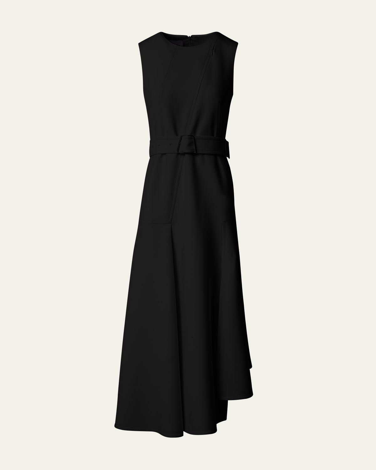 Akris Asymmetric Pleated Wool Midi Dress with Belt