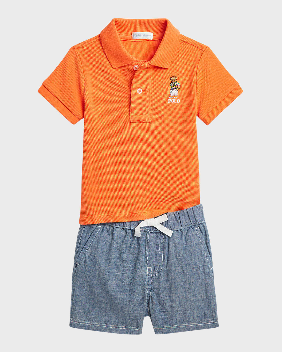 Ralph Lauren Childrenswear Boy's Mesh Short-Sleeve Polo Shirt and Chambray Shorts Set, Size 3M-24M