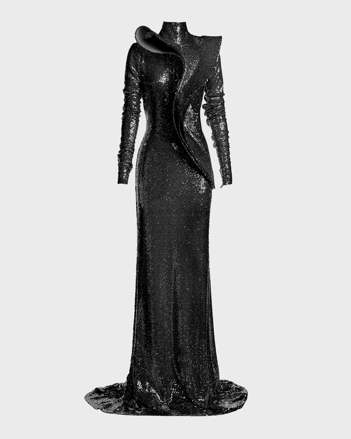 Maticevski Orbital Sequined Ruffle Long-Sleeve Gown