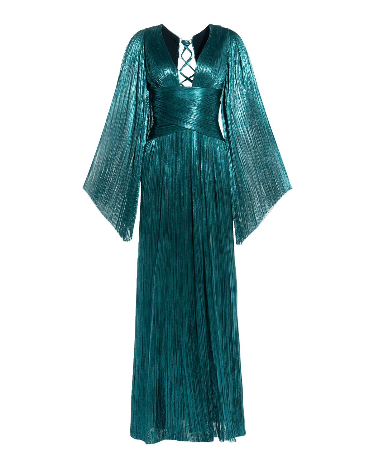 Maria Lucia Hohan Alana Plunging Long-Sleeve Metallic Plisse Slit Gown