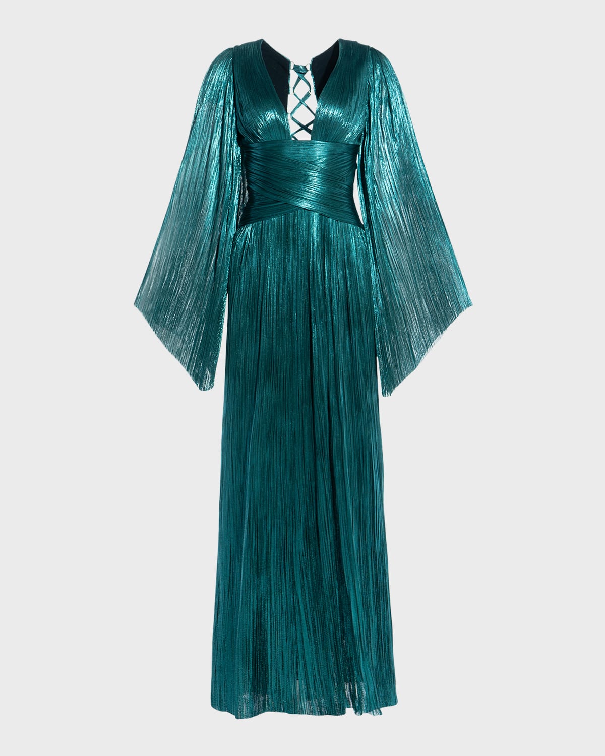 Maria Lucia Hohan Alana Plunging Long-Sleeve Metallic Plisse Slit Gown