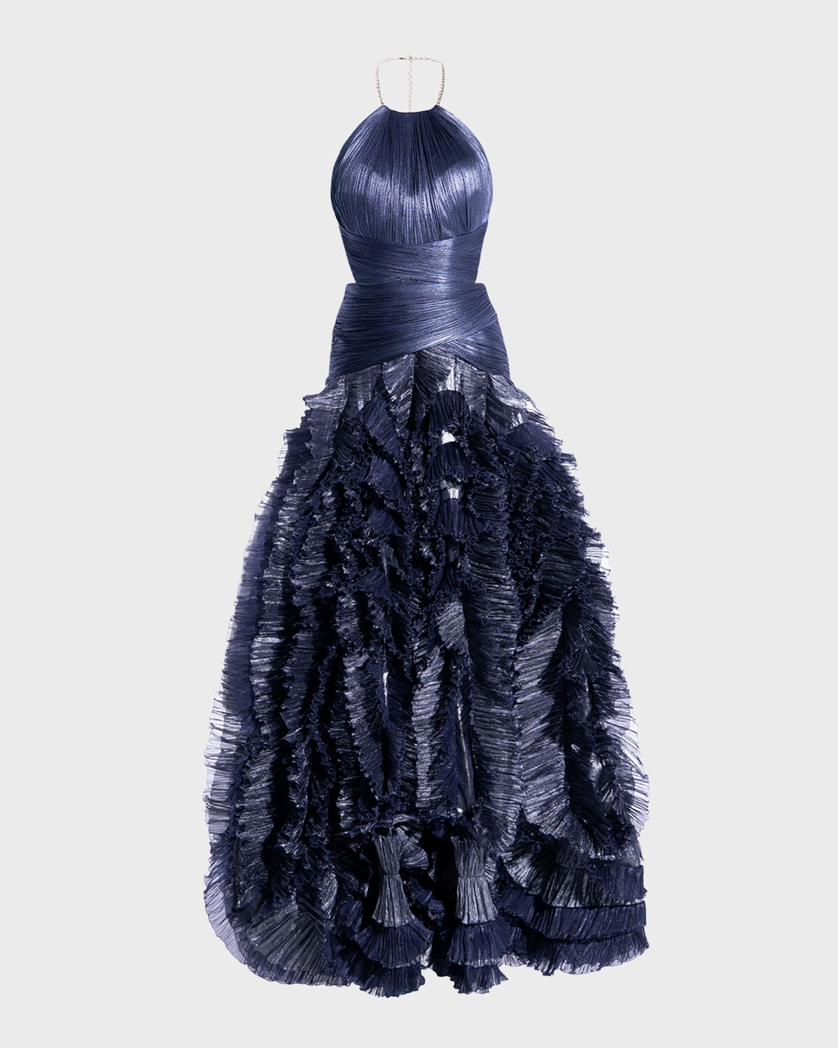 Maria Lucia Hohan Taylor Metallic Plisse Ruffle Backless Halter Gown