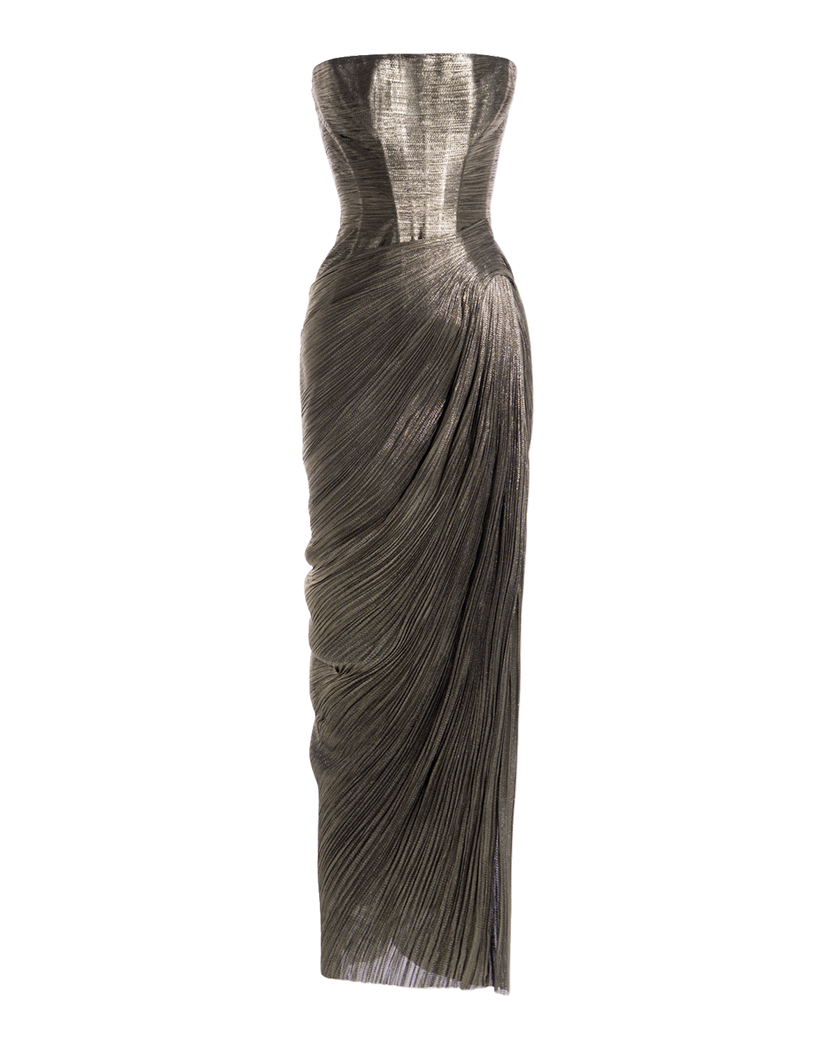 Maria Lucia Hohan Ruby Metallic Plisse Strapless Corset Slit-Hem Midi Dress