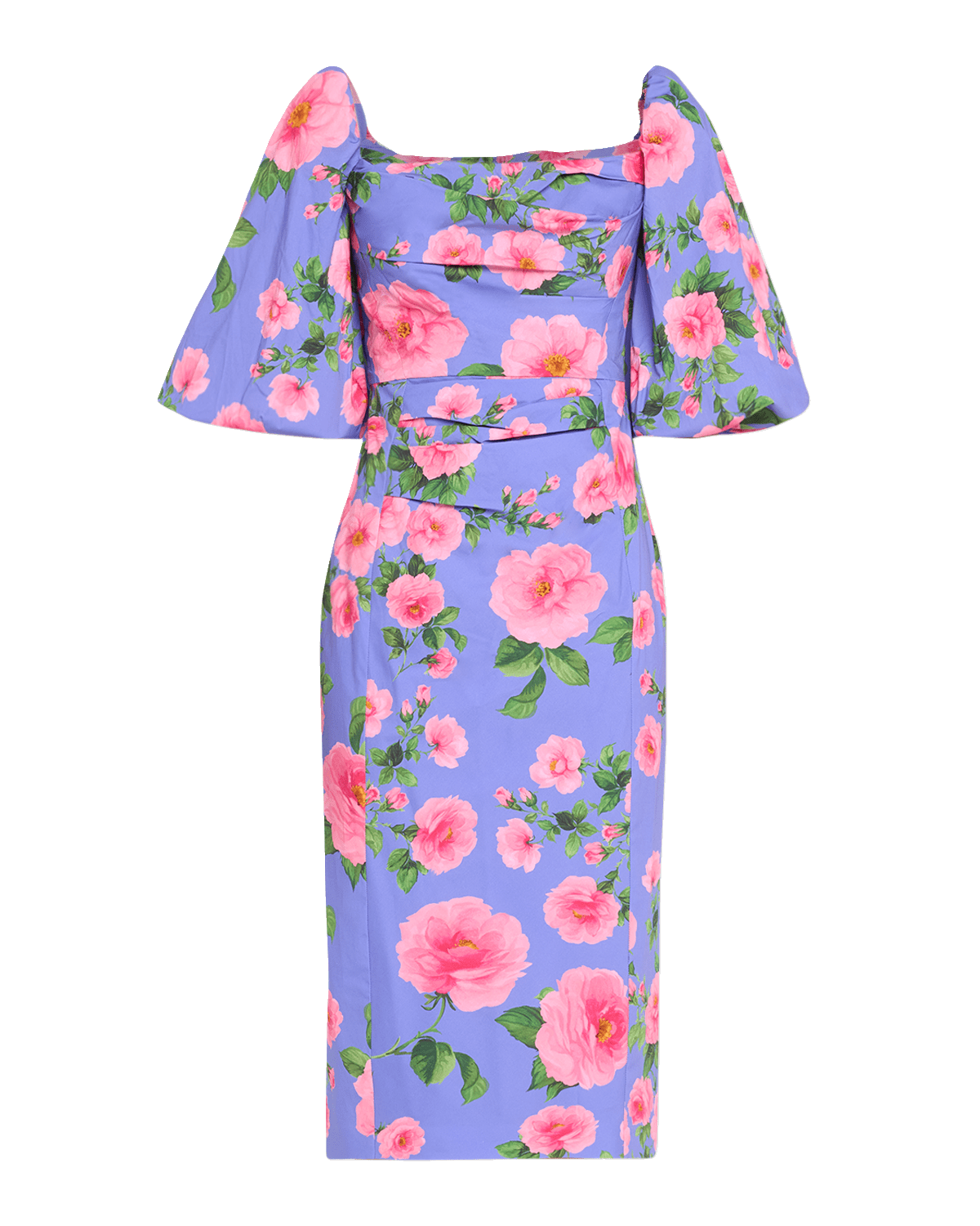 Carolina Herrera Floral Print Ruched Midi Dress with Puff Sleeves
