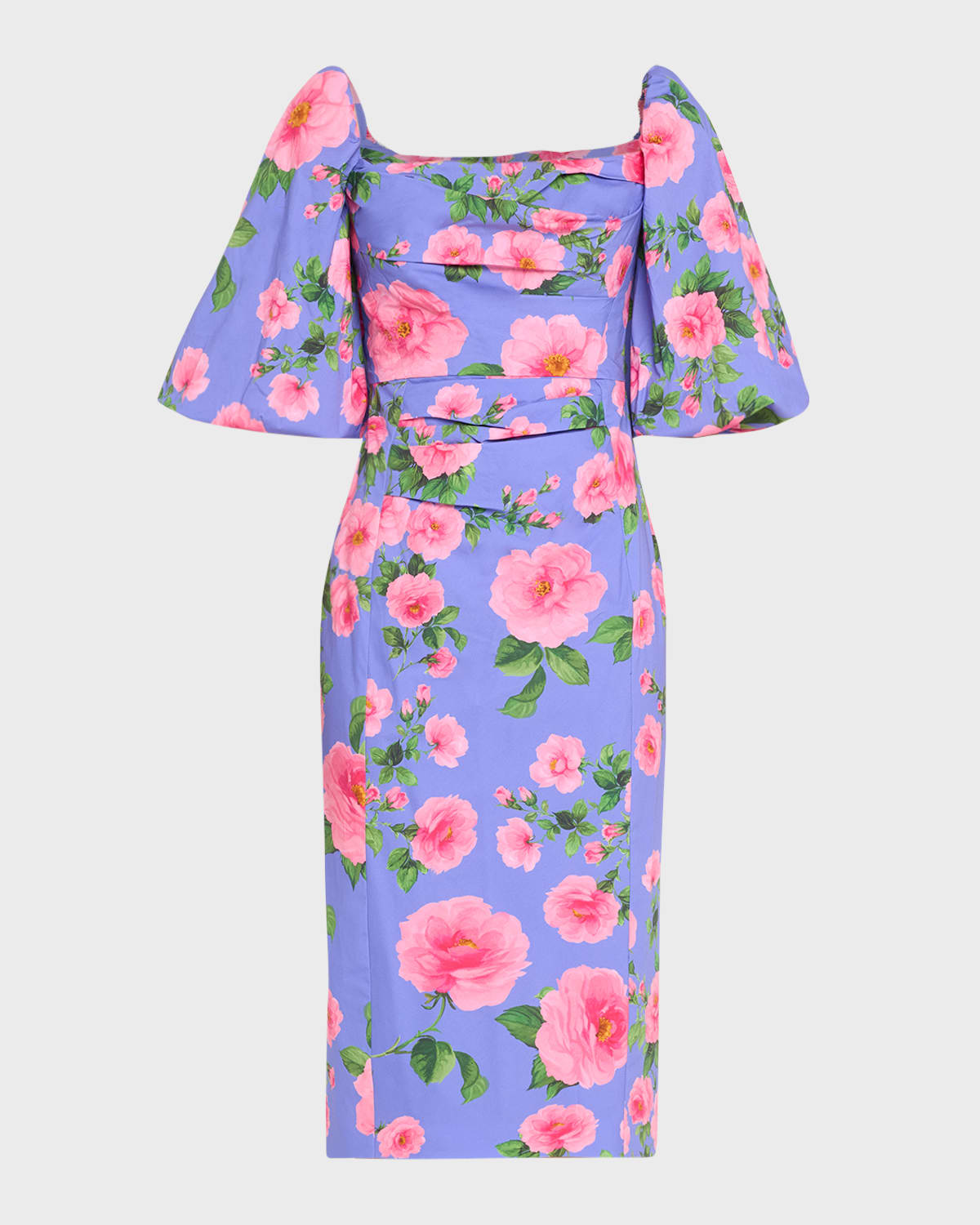 Carolina Herrera Floral Print Ruched Midi Dress with Puff Sleeves