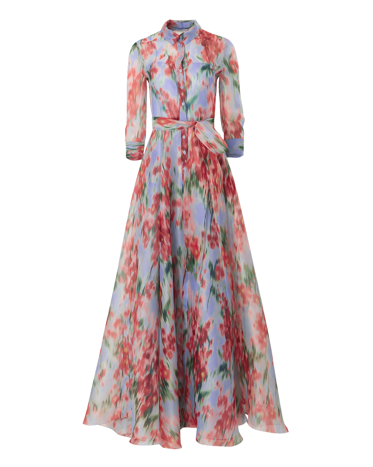 Carolina Herrera Watercolor Floral Belted Silk Trench Gown