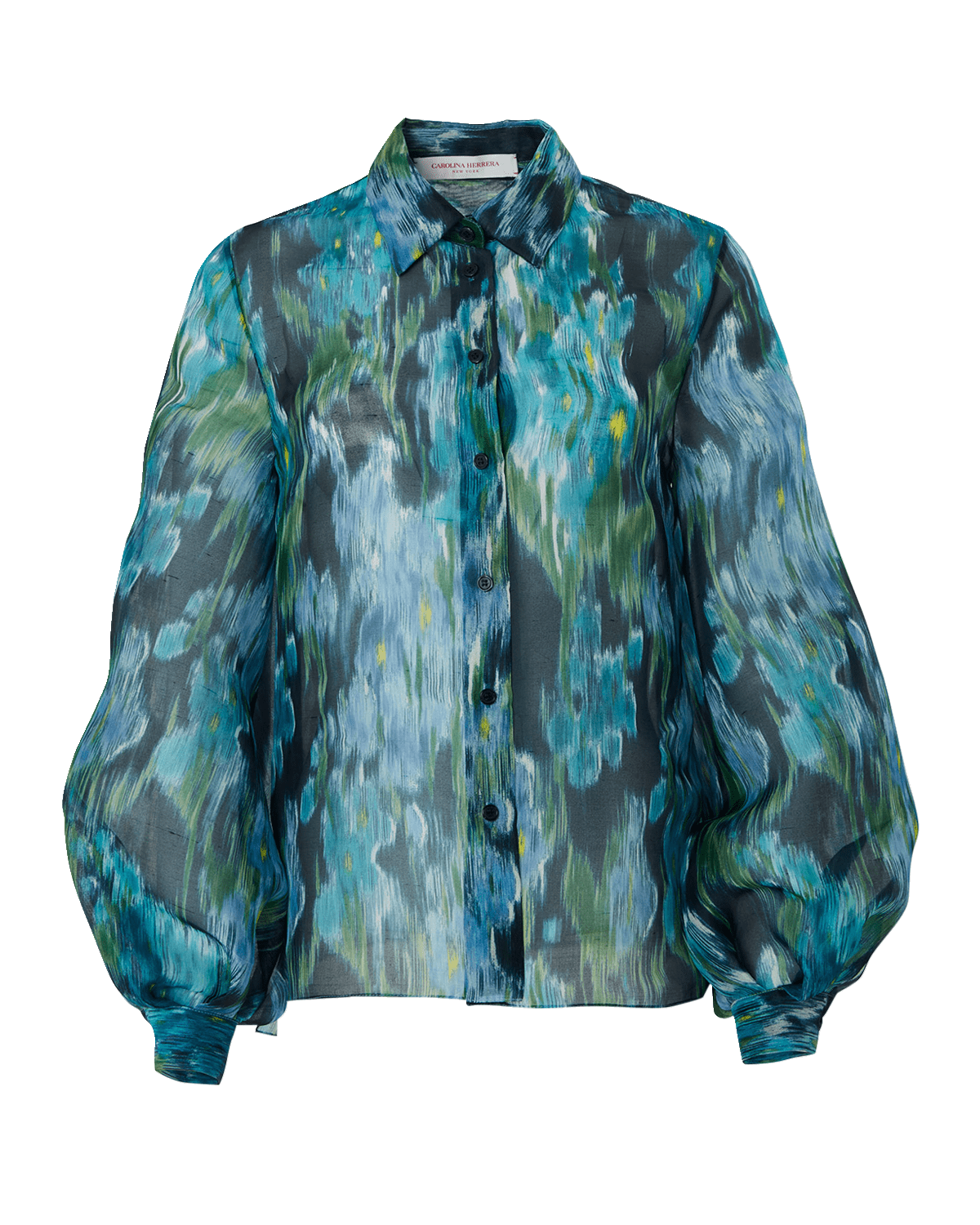 Carolina Herrera Abstract Puff-Sleeve Button Down Silk Top