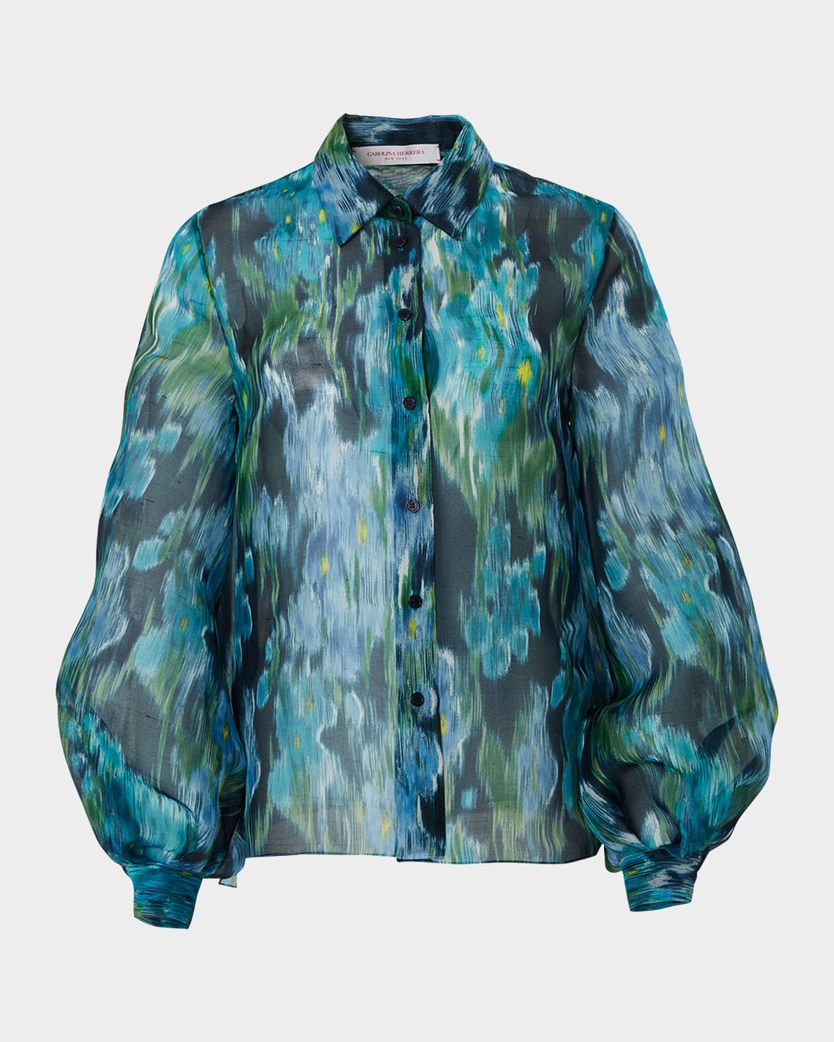 Carolina Herrera Abstract Puff-Sleeve Button Down Silk Top