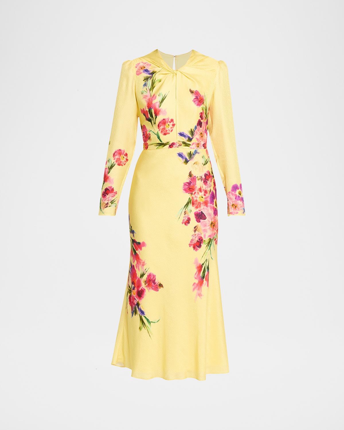 Saloni Claudia Floral Silk Long-Sleeve Fluted Midi Dress