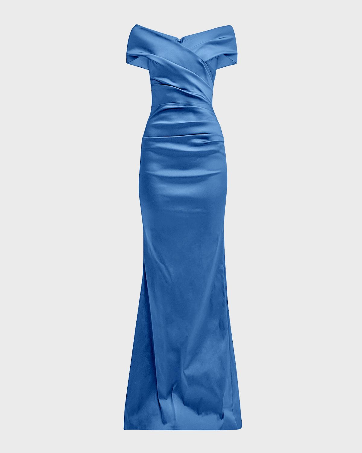 Rickie Freeman for Teri Jon Pleated Off-Shoulder Satin Column Gown