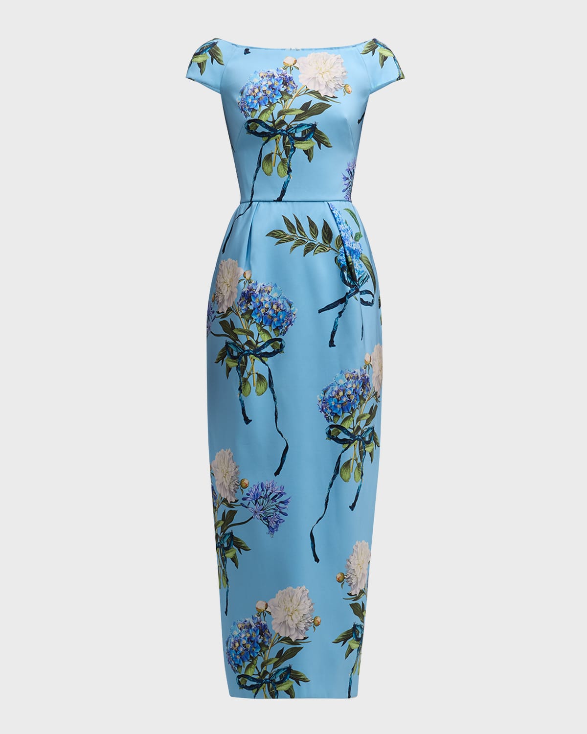 Monique Lhuillier Hydrangea-Print Cap-Sleeve Faille Column Gown