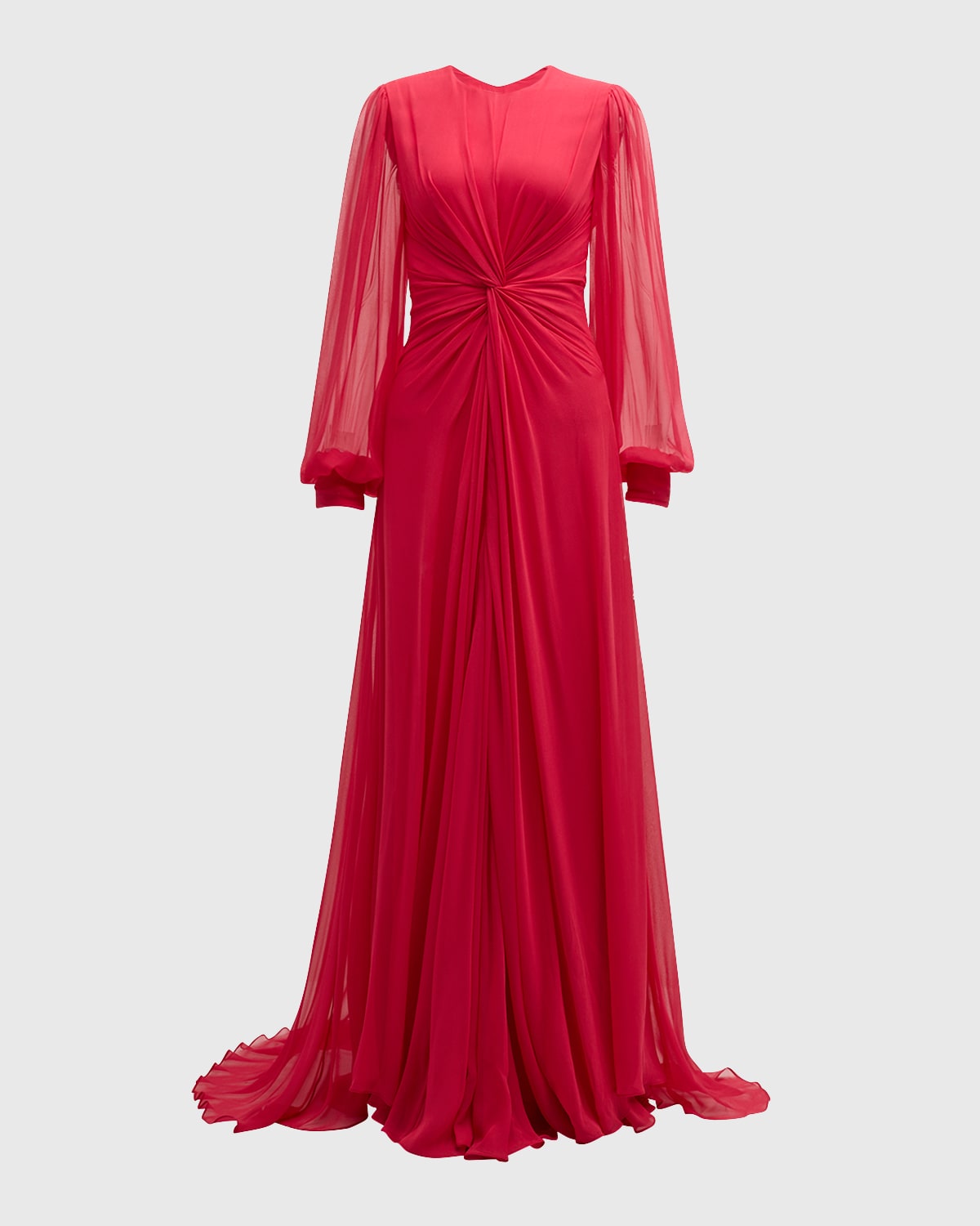 Monique Lhuillier Twisted Long-Sleeve Silk Gown