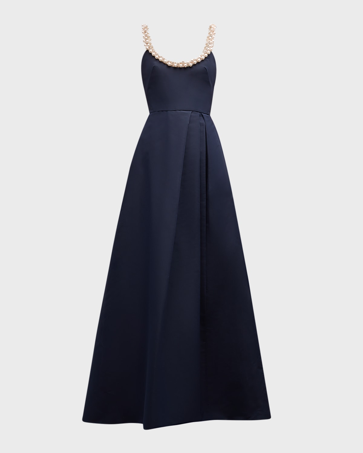 Monique Lhuillier Beaded-Neckline Sleeveless Pleated Slit Gown