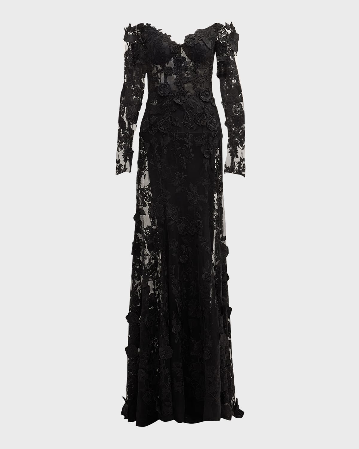 Monique Lhuillier Off-The-Shoulder Long-Sleeve Lace Trumpet Gown