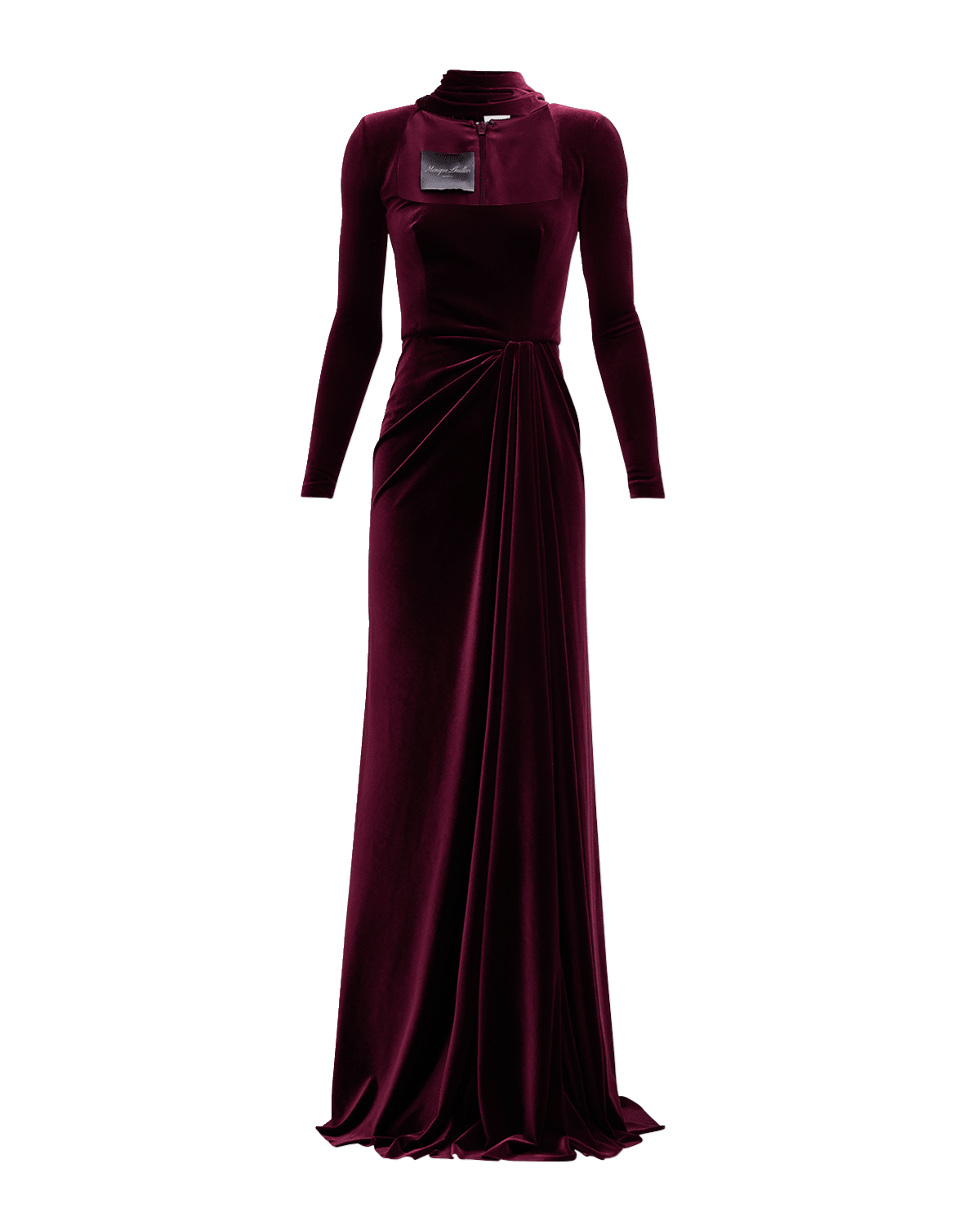 Monique Lhuillier Square-Neck Long-Sleeve Velvet Scarf Gown