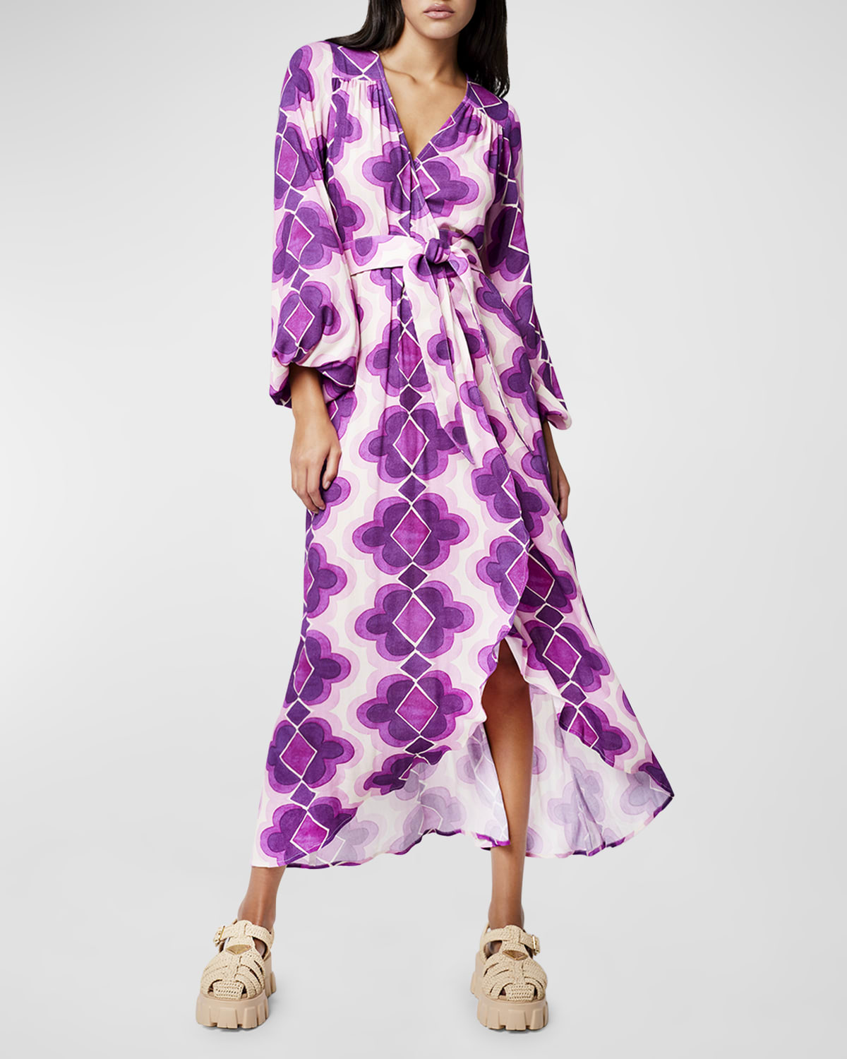 Smythe Hostess Lantern-Sleeve Midi Wrap Dress