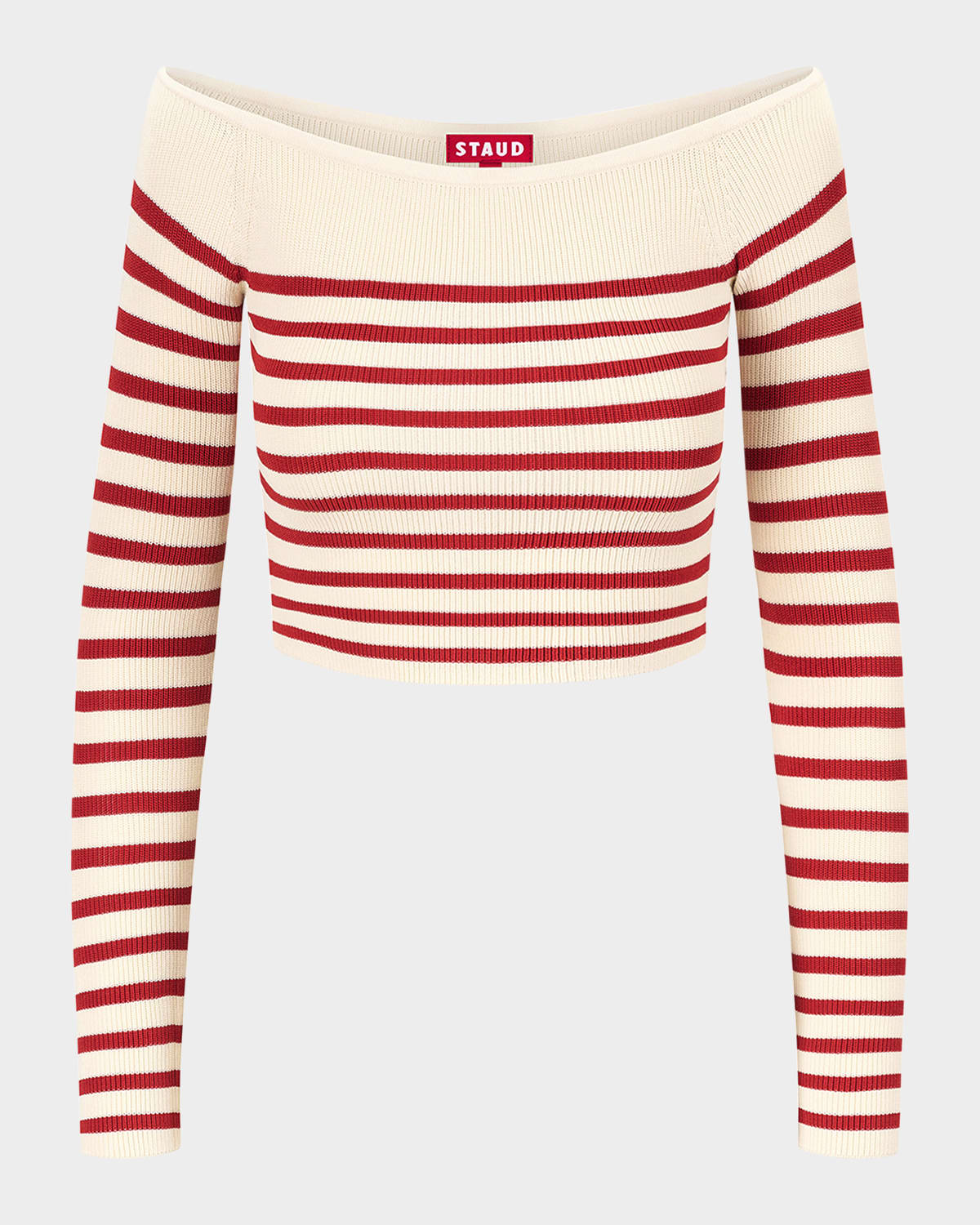 STAUD Float Off-Shoulder Stripe Knit Crop Top