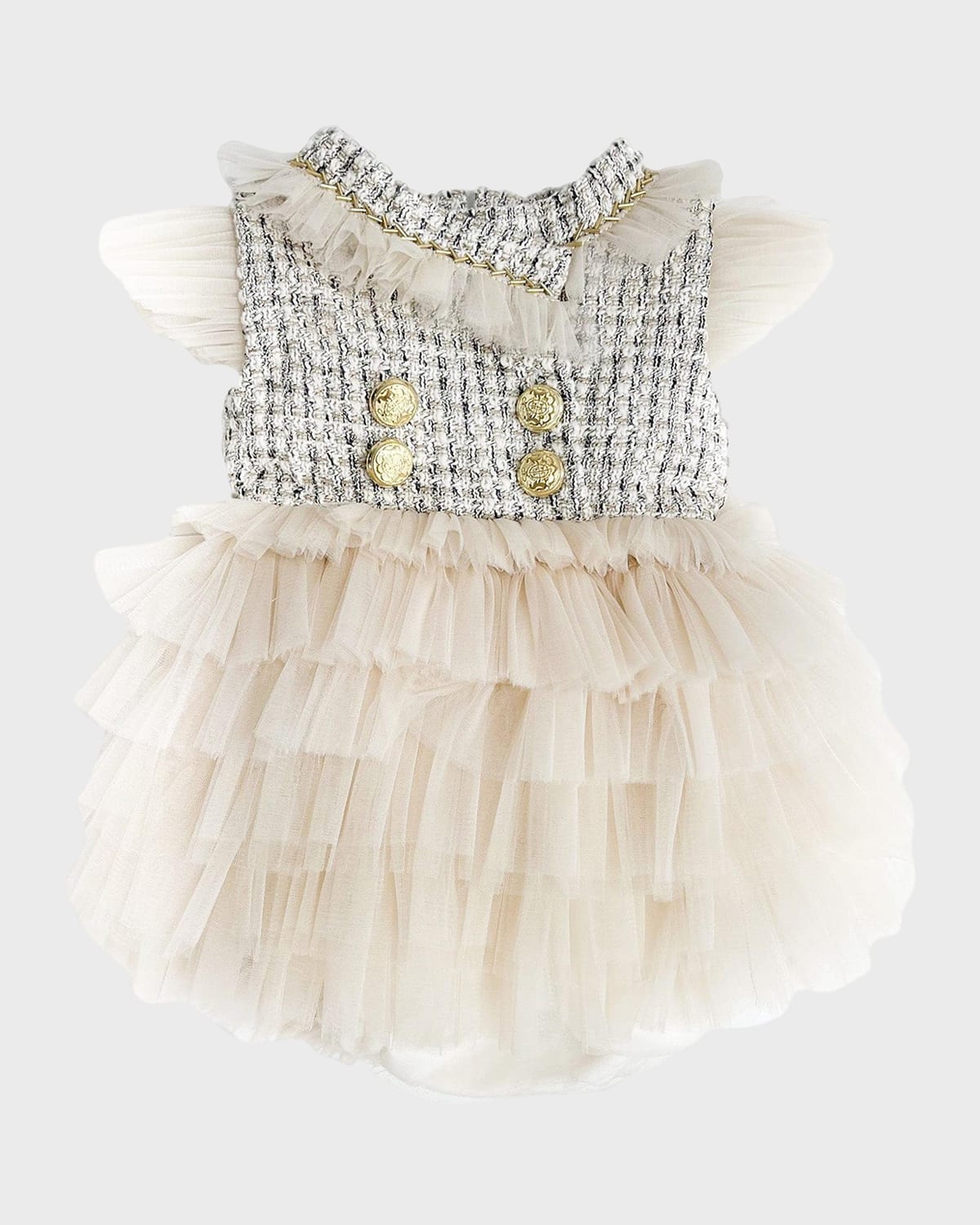 Petite Maison Kids Girl's Fira Tweed & Tulle Layered Romper, Size 3M-2