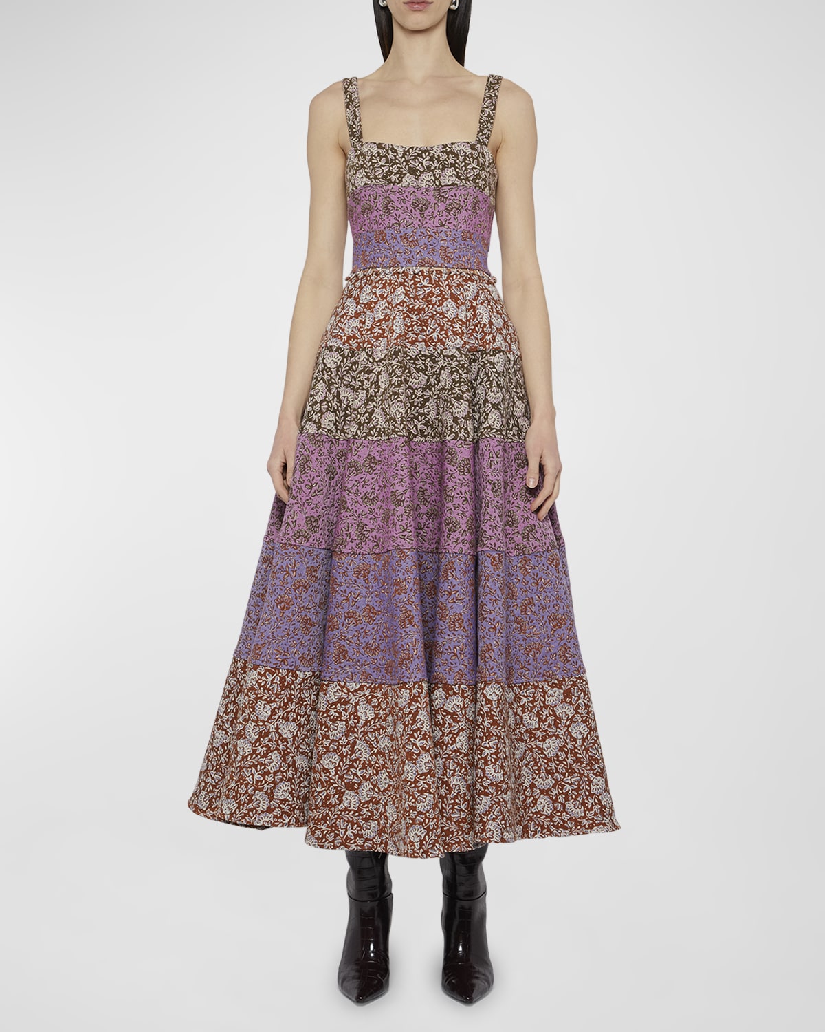 Prabal Gurung Button-Waist Tiered Floral-Print Midi Sundress