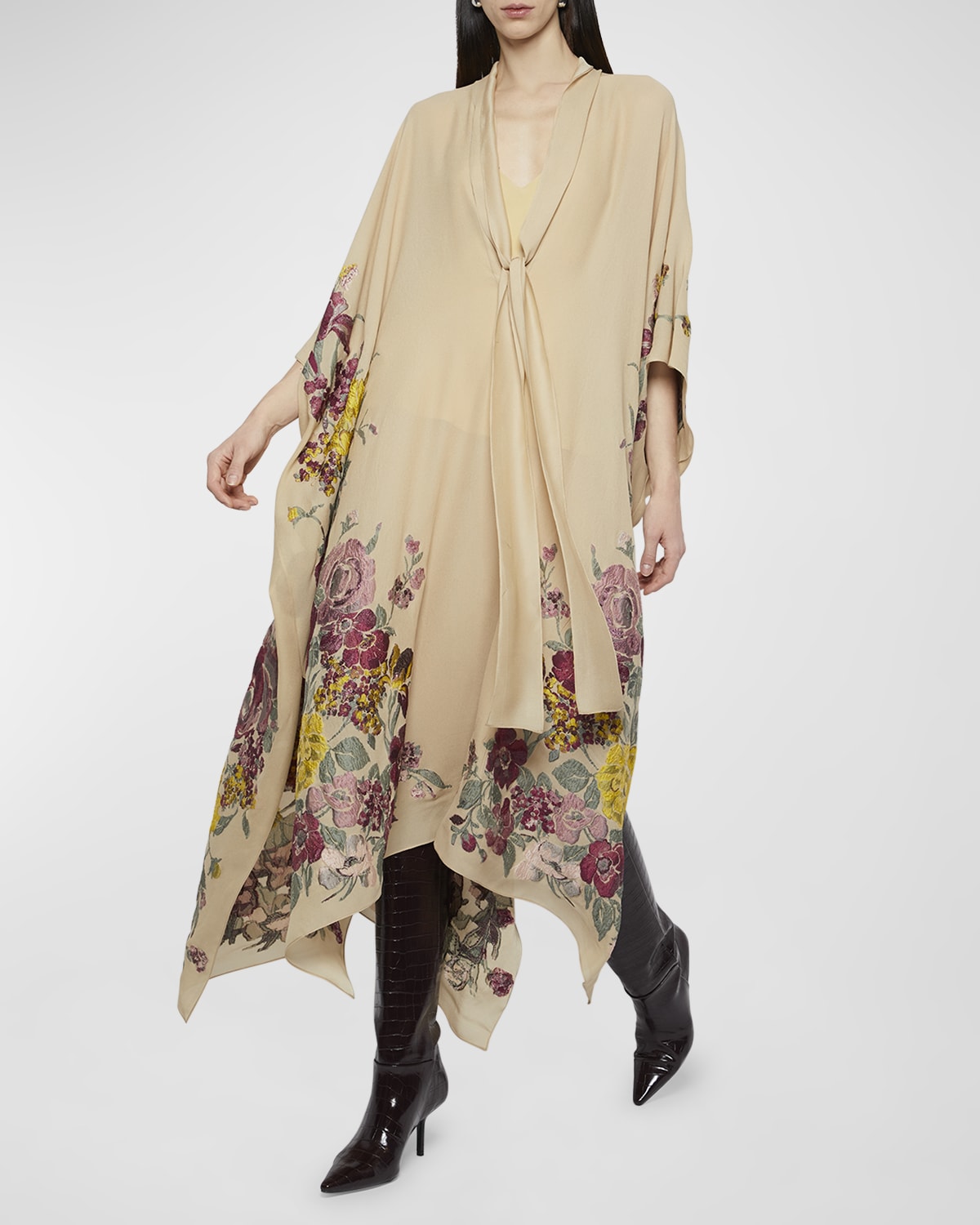 Prabal Gurung Floral-Embroidered Scarf-Neck Caftan Dress