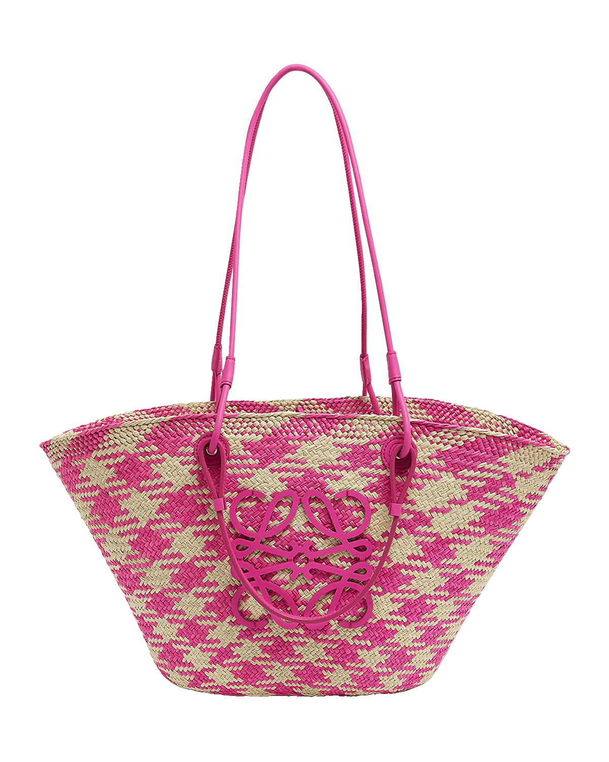 Loewe x Paula’s Ibiza Medium Anagram Basket Tote Bag in Checkered Iraca Palm with Leather Handles