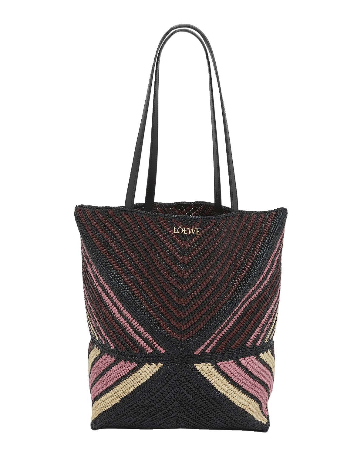 Loewe x Paula’s Ibiza Medium Puzzle Fold Tote Bag in Striped Raffia with Leather Handles