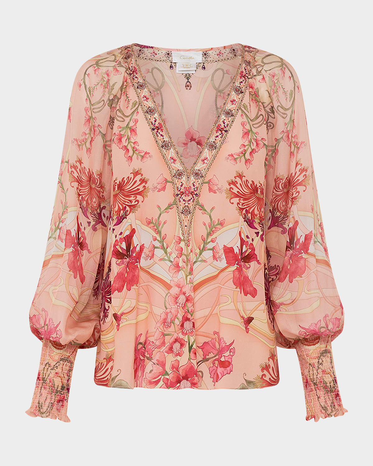 Camilla Shirred-Cuff Floral Silk Blouse