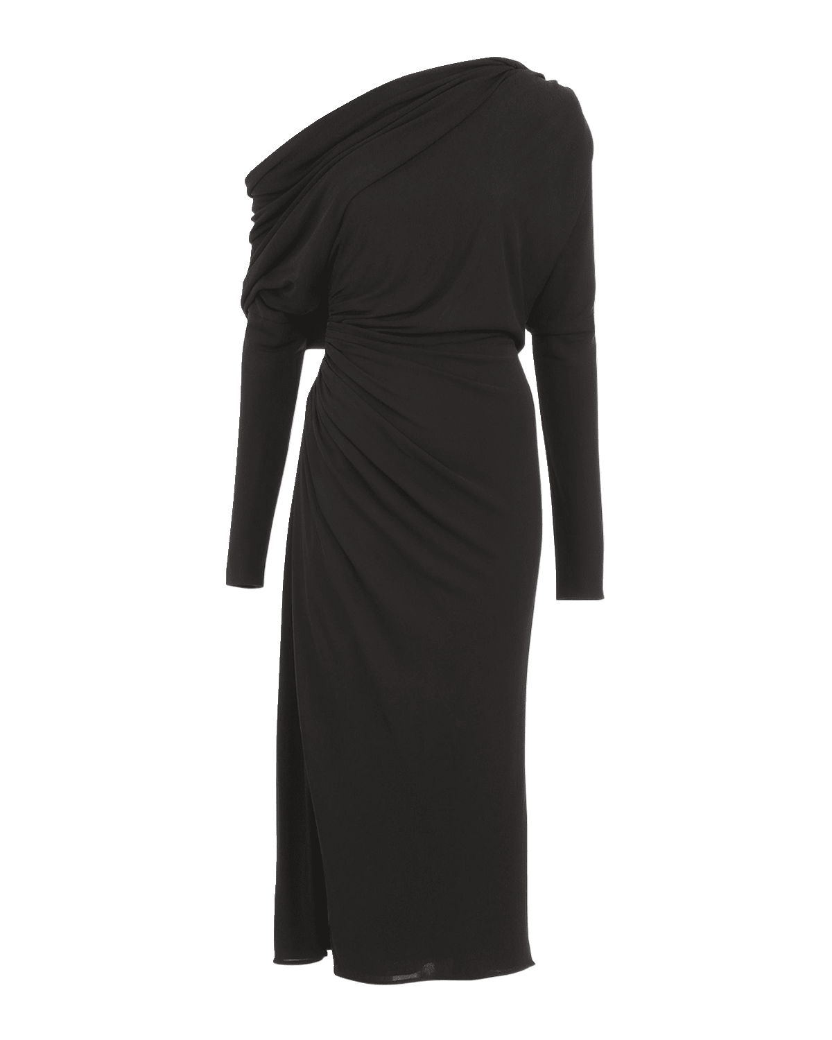 Elie Saab One-Shoulder Long-Sleeve Draped Jersey Midi Dress