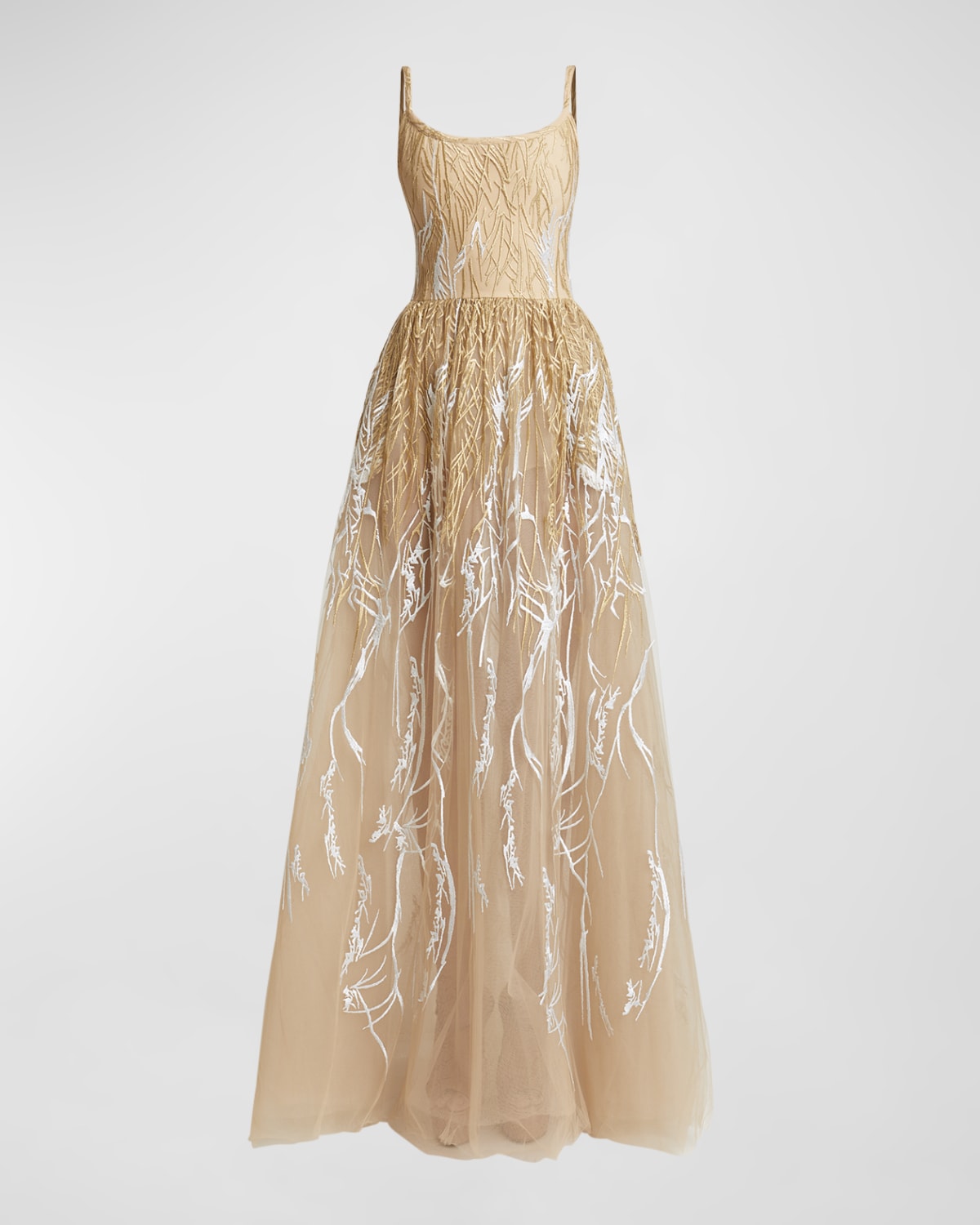 Elie Saab Scoop-Neck Embroidered Tulle Gown