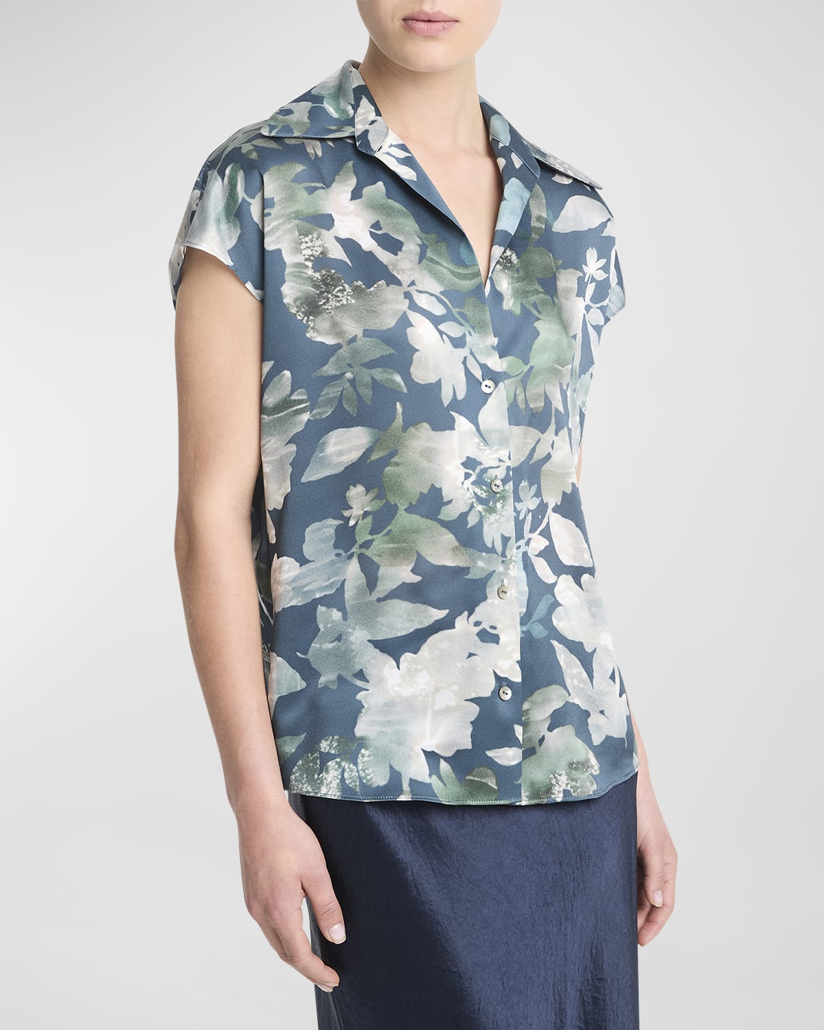 Vince Silk Shimmer Lake Ruched-Back Cap-Sleeve Blouse