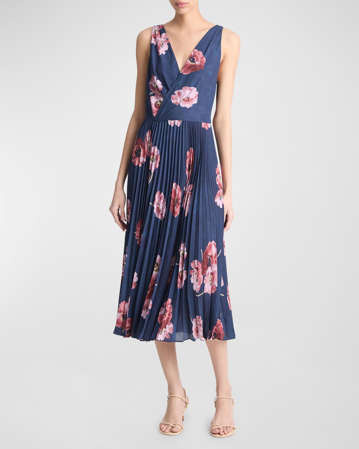 Vince Painted Poppy Pleated Draped Sleeveless V-Neck Midi Dress