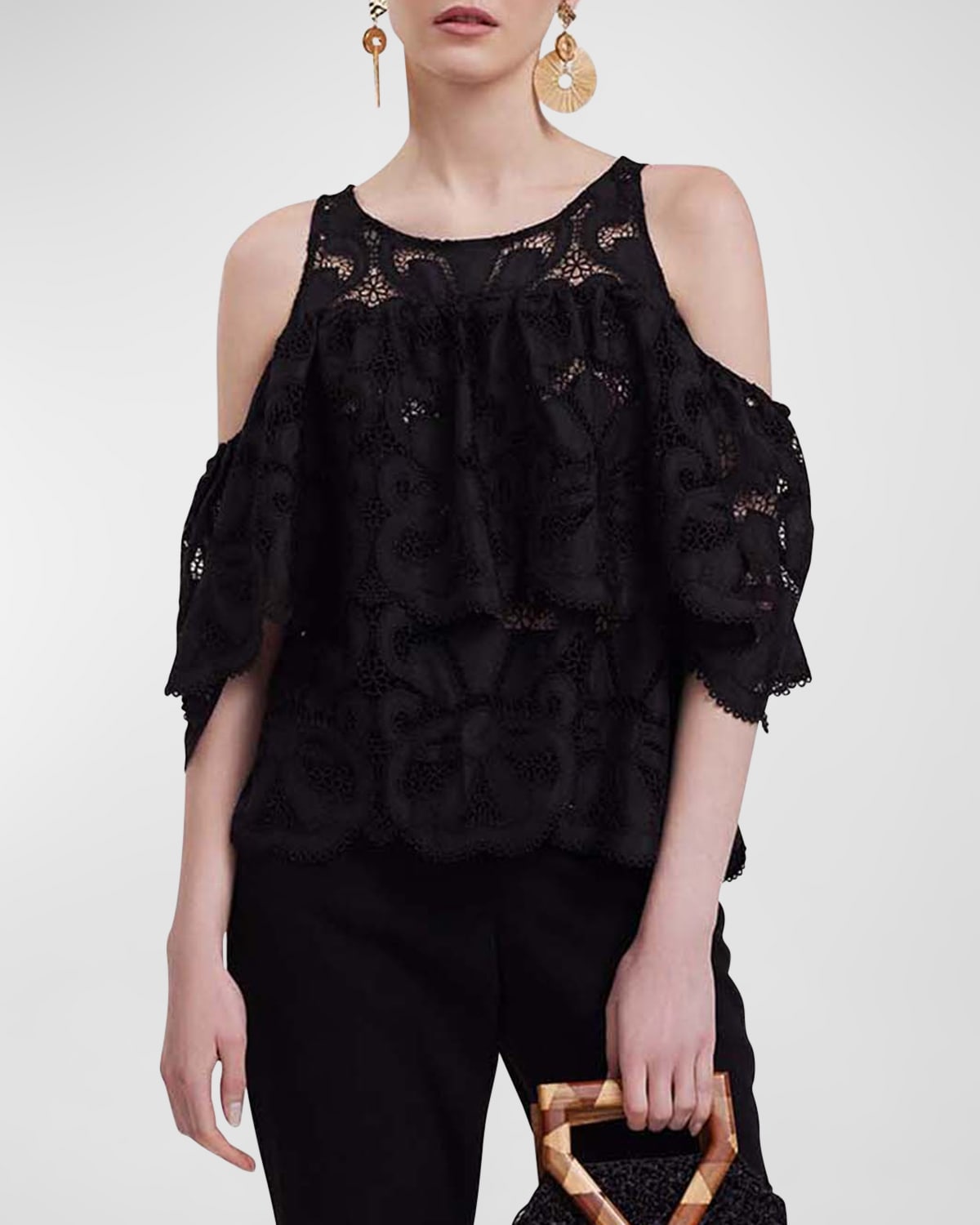 Anne Fontaine Monique Cold-Shoulder Ruffle Sheer Lace Blouse