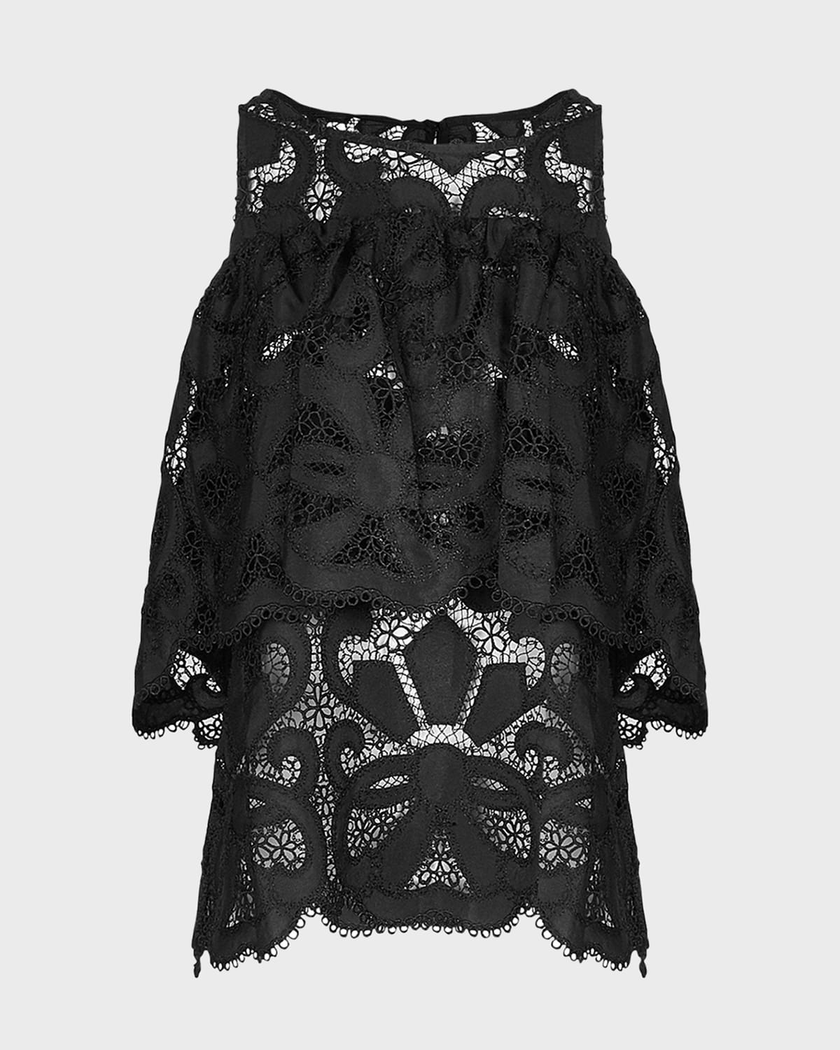 Anne Fontaine Monique Cold-Shoulder Ruffle Sheer Lace Blouse