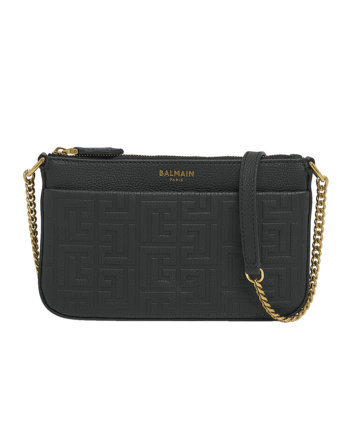 Balmain Mini Zip Wallet on Chain in Monogram Leather