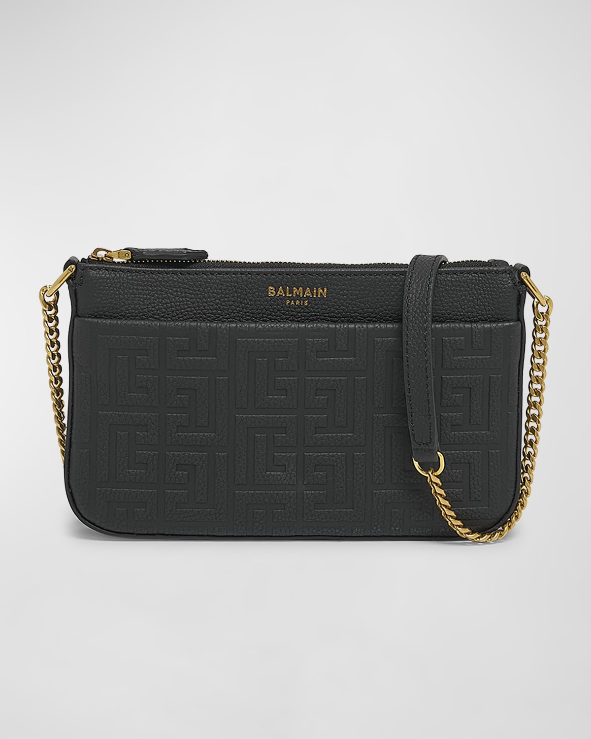 Balmain Mini Zip Wallet on Chain in Monogram Leather