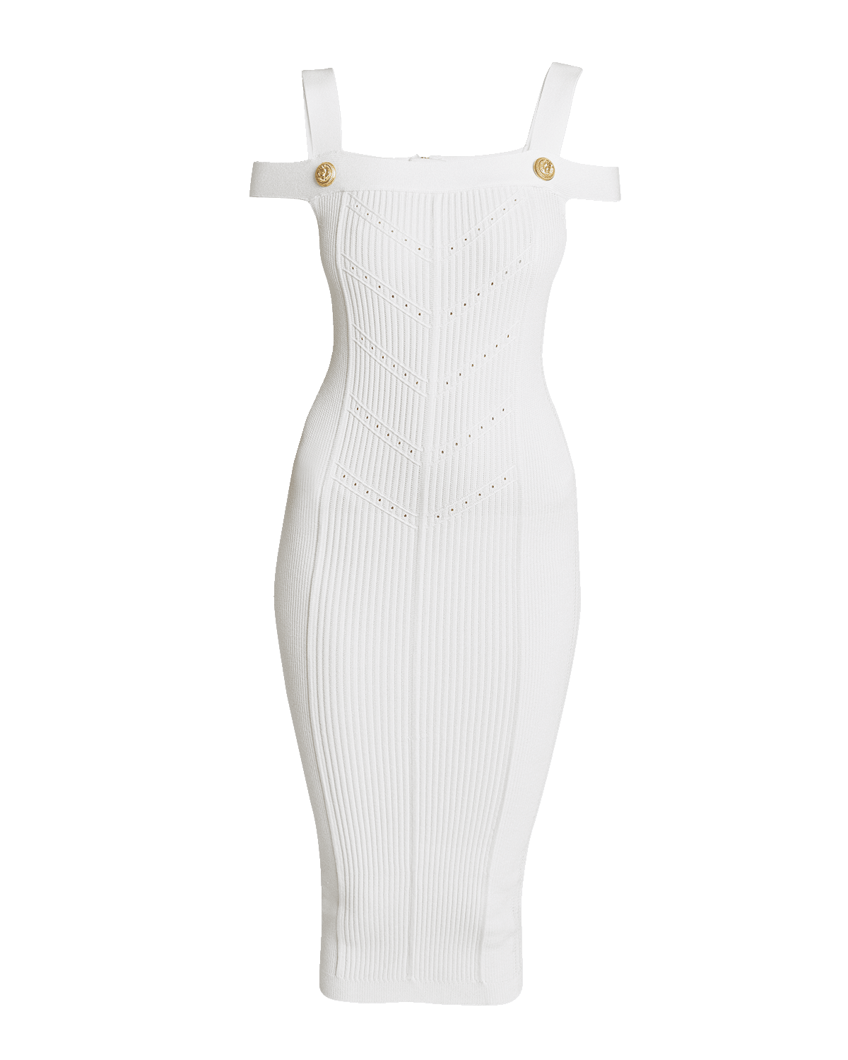 Balmain Off-Shoulder Knit Midi Dress with Button Details