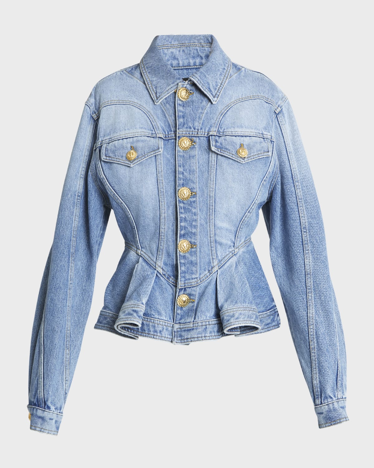 Balmain Peplum Denim Jacket with Gold-Tone Buttons