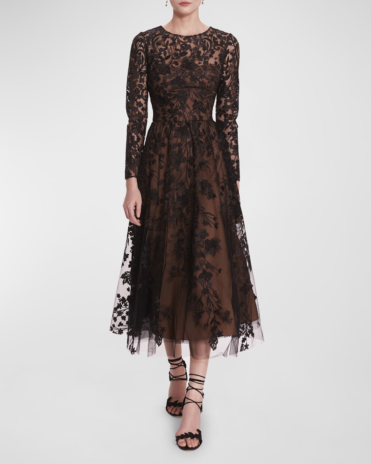 Marchesa Notte A-Line Floral Fil Coupe Midi Dress