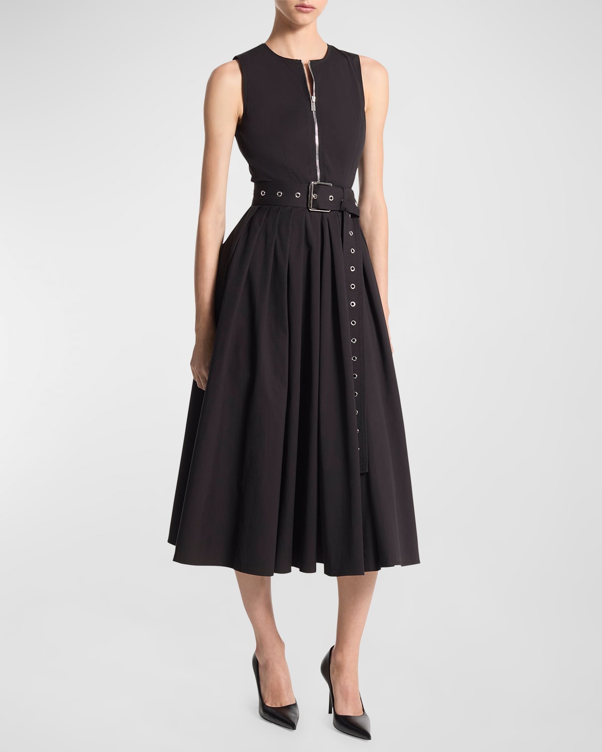 Michael Kors Collection Zip-Up Cotton Poplin Belted Midi Dress