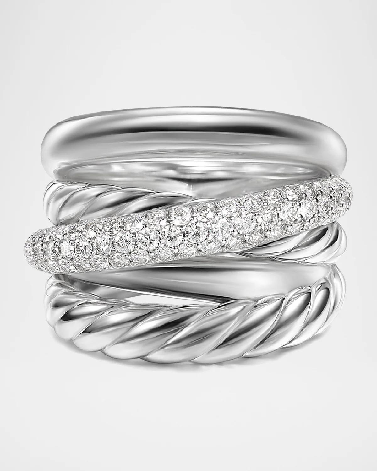 Crossover Five Row Ring in Silver with Diamonds, 17.5mm